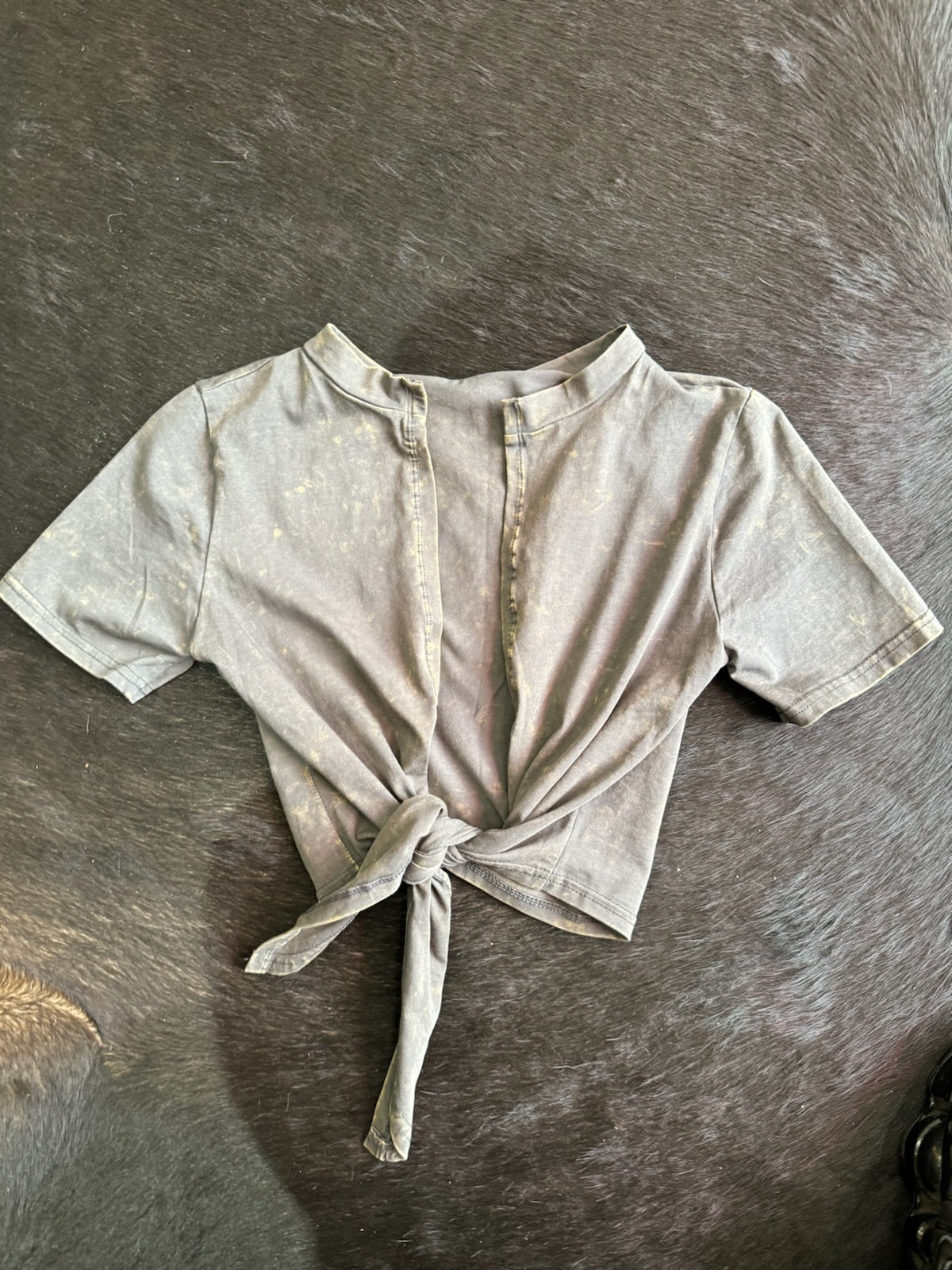 Grey Crop Front Tie Shirt