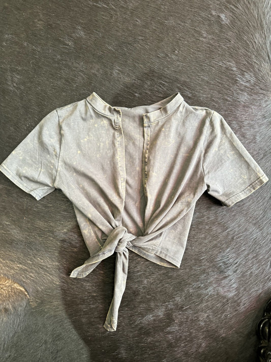 Grey Crop Front Tie Shirt