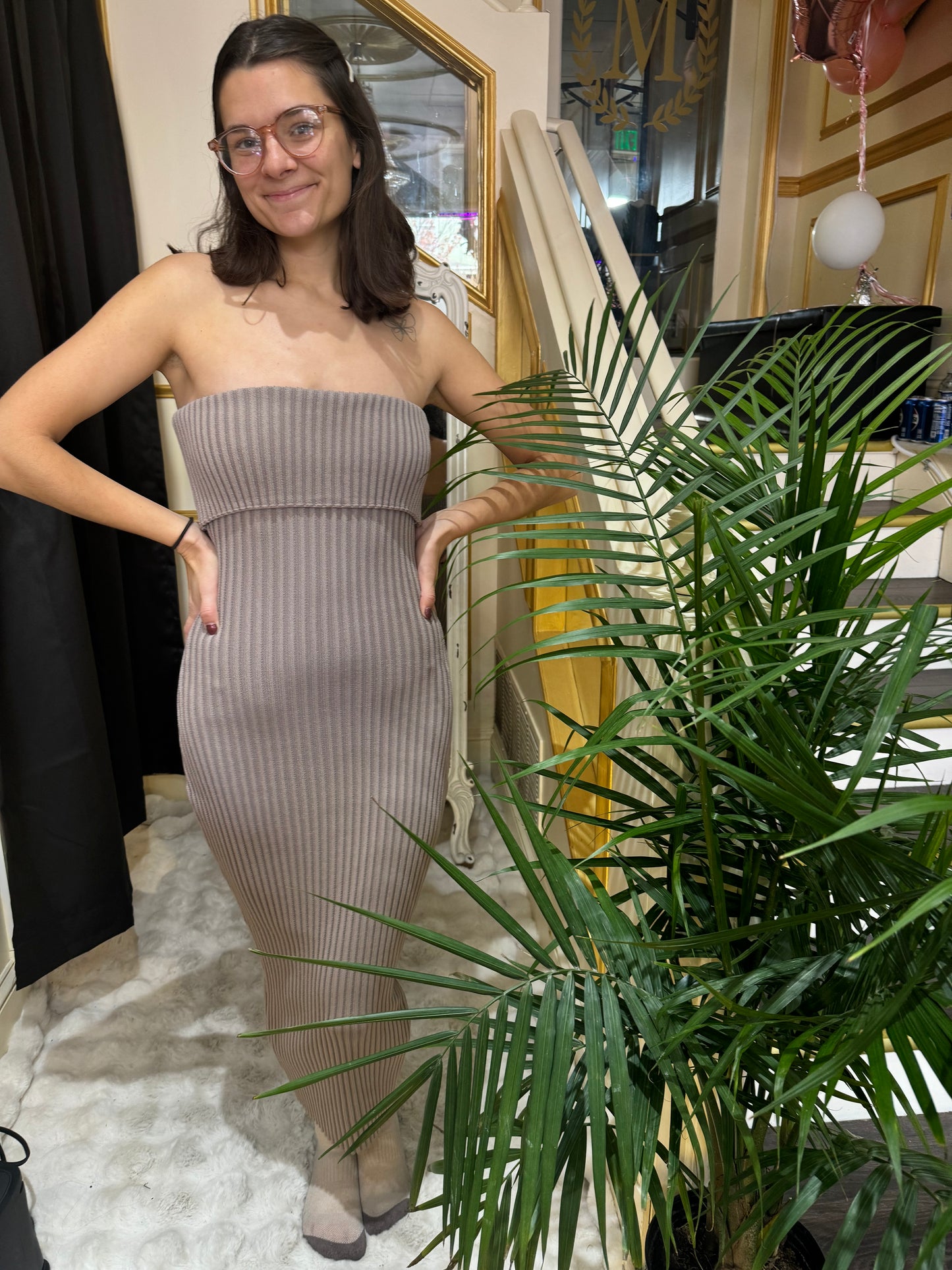 Gray Sweater Off Shoulder Dress