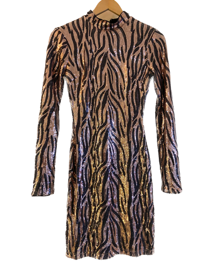 Long Sleeve Gold Sequence Zebra Print Dress
