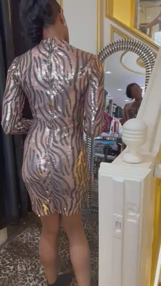 Long Sleeve Gold Sequence Zebra Print Dress